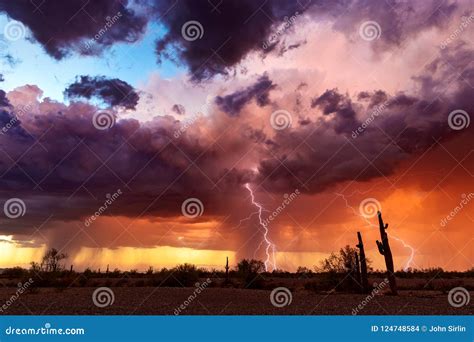 Dramatic Sunset Sky with Storm Clouds and Lightning Over the Arizona Desert. Stock Photo - Image ...