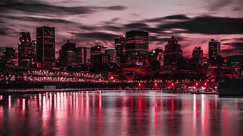 HD wallpaper: dusk, red lights, city lights, quebec, montreal, harbour ...