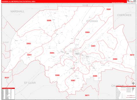 Gadsden, AL Metro Area Wall Map Red Line Style by MarketMAPS - MapSales