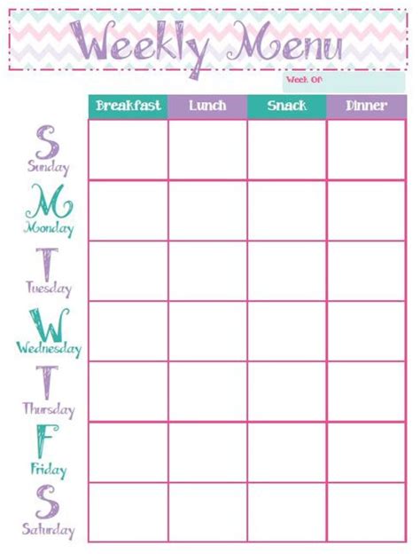 Printable Weekly Menu Breakfast Lunch Snack and by JustHappyPrints