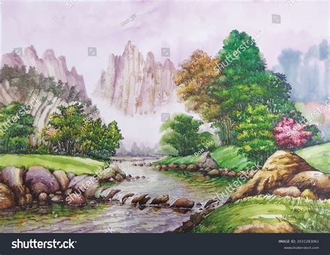 Watercolor Countryside Landscapehand Drawing Watercolor Illustration ...