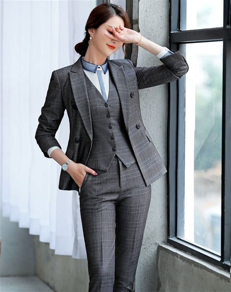 2021 Fashion Plaid Formal Set Women Business Suits With Jackets And Pencil Pants And Vest Coat ...