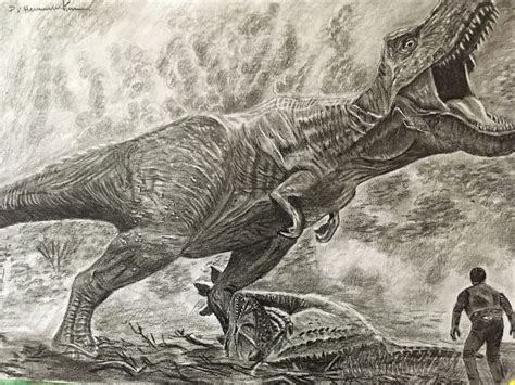 a pencil drawing of a dinosaur and a man