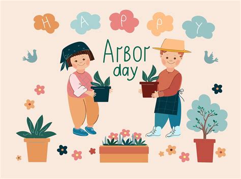 Arbor day. Children standing under a blooming tree preparing to plant ...