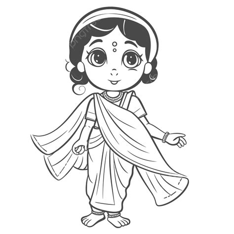 Little Girl In Sari Coloring Page Outline Sketch Drawing Vector, Saree Drawing, Saree Outline ...