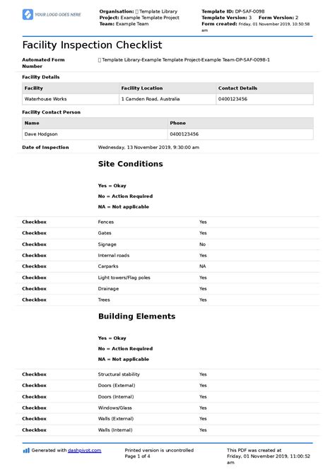 Facility Inspection Checklist Excel ~ Excel Templates