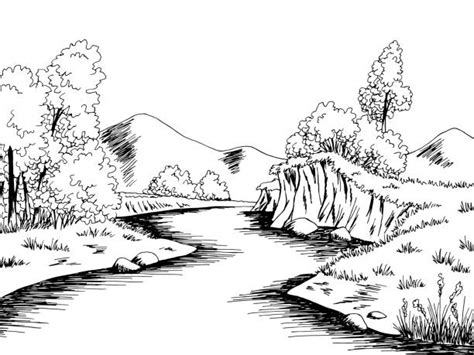 River And Mountains Landscape Outline Hand Draw Illustrations, Royalty-Free Vector Graphics ...