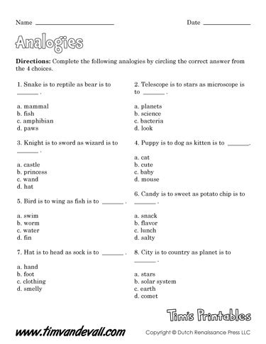 Free Analogy Worksheets |Language Arts Printables