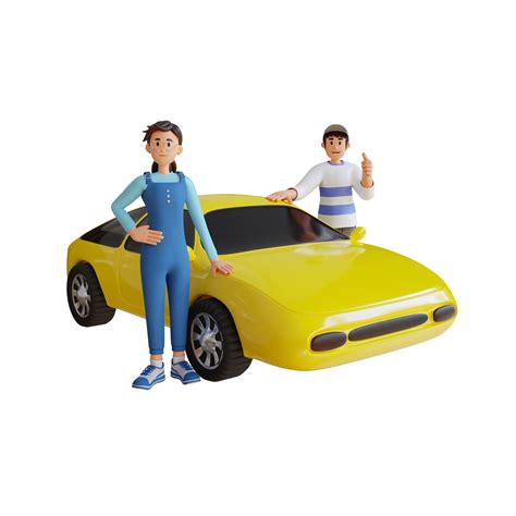 young man and girl standing next to yellow car 3d character ...