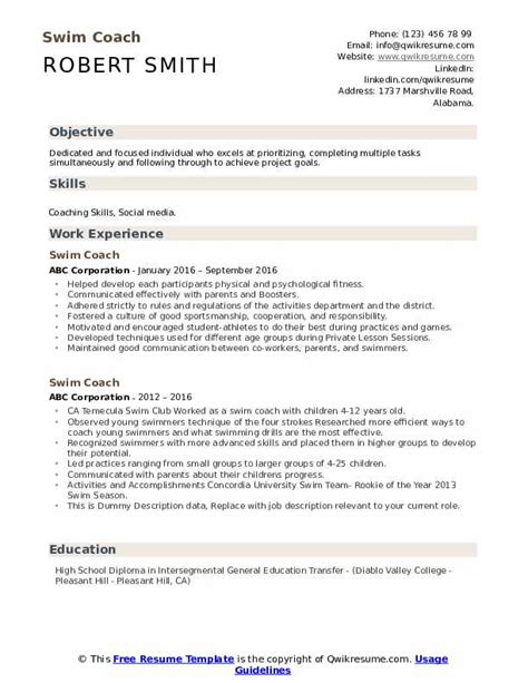 Swim Coach Resume Samples | QwikResume