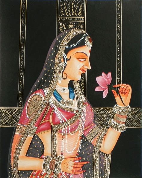 Stone Studded Miniature Painting of Rajput Princess -14x10.5 inches