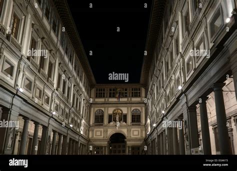 Uffizi Gallery courtyard in Florence at night, Tuscany, Italy Stock ...