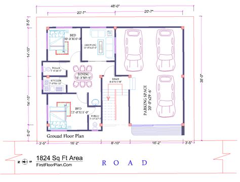2D Floor Plan in AutoCAD with Dimensions | 38 x 48 | DWG and PDF File ...