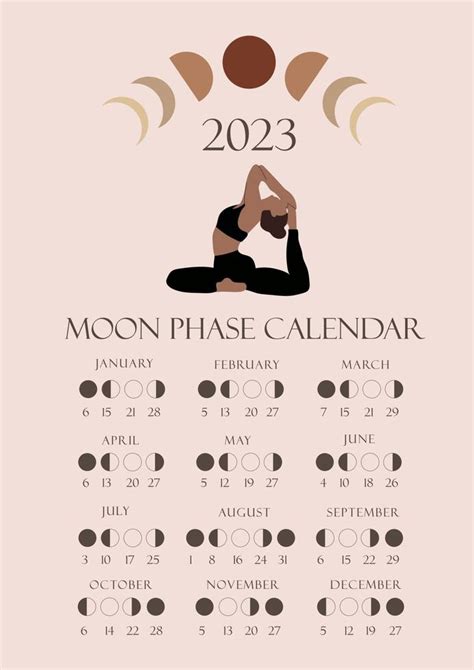 Moon phases calendar 2023 with a girl doing yoga. Waning gibbous, Waxing crescent, New moon ...