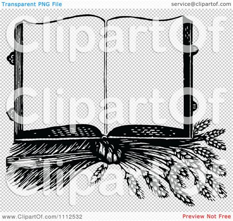 Clipart Vintage Black And White Open Cook Book Over Wheat - Royalty Free Vector Illustration by ...