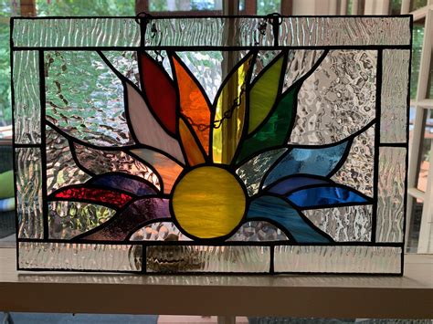 Stained Glass Sunburst Panel Window Hanging Sunset Sunrise | Etsy