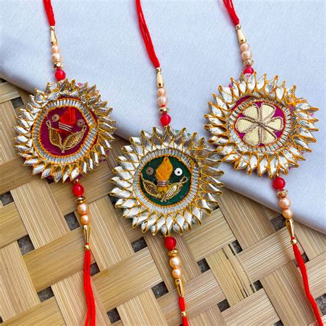 Handmade Gota patti design sadabahar rakhi set of 3 for brother | Buy ...