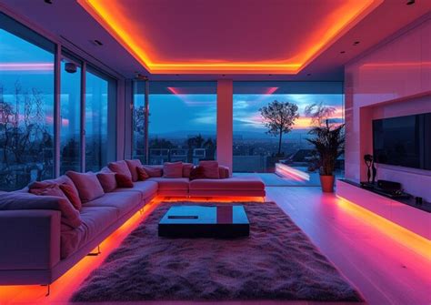 Premium Photo | Neon lights with minimalist furniture living room ...