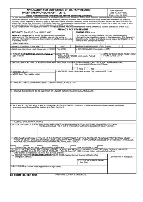 Dd Form 149 - Application For Correction Of Military Record printable pdf download