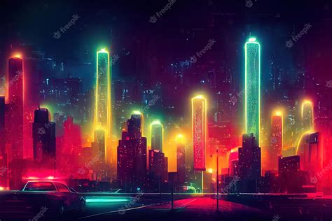 Premium Photo | Futuristic city concept art cityscape at night with bright neon lights 3d ...