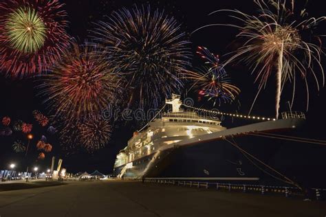 Fireworks with cruise ship stock image. Image of night - 56824627