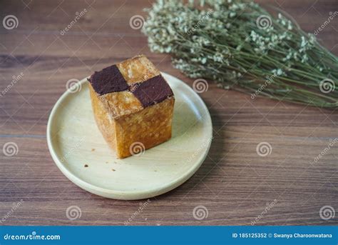 Chocolate Cube Croissant Toast with Wooden Background. Stock Photo ...