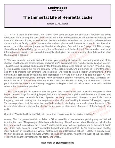 The Immortal Life of Henrietta Lacks Free Essay Example