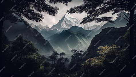 Premium AI Image | Dark Mountain with green trees painting landscape