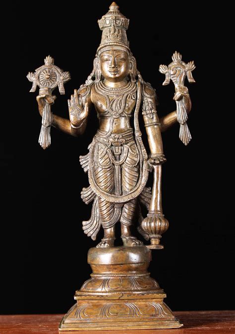 Bronze Standing Vishnu Statue With Club 14" (#91b61): Lotus Sculpture