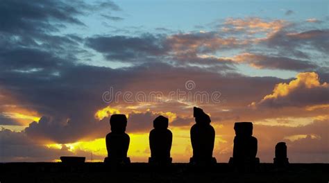 Beautiful Sunset Over Moai Statues in Hanga Roa Stock Image - Image of ...