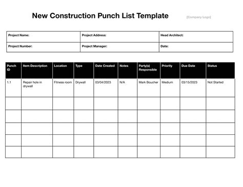 Construction Punch List Template Excel