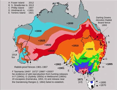 The spread of foxes across Australia. Dates of successful introductions... | Download Scientific ...