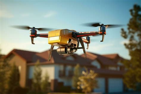 AI generated Drone with action camera flying over the house. 3d rendering, A drone delivering a ...