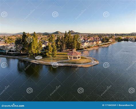 Aerial View of Menifee Lake and Neighborhood, Residential Subdivision Vila during Sunset. Stock ...