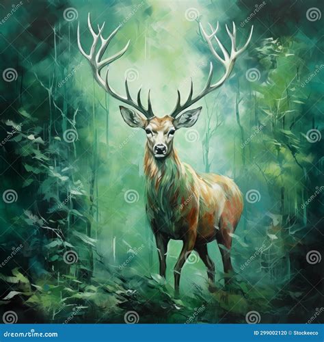 Dreamlike Realism: Majestic Deer in a Misty Forest Stock Illustration ...