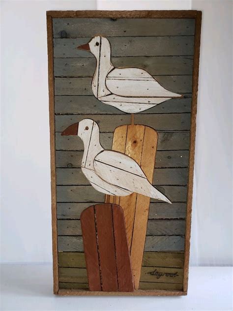 70s Theodore Degroot Lath Art SEAGULLS primitive folk art Vintage 24 1/ ...