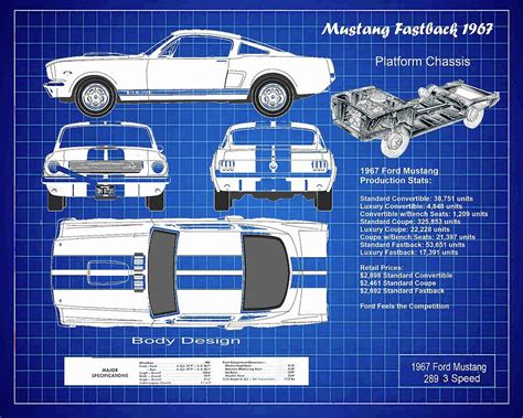 1967 Ford Mustang fastback blueprint and patent drawing Digital Art by Peter Nowell - Pixels