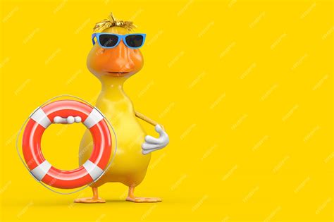 Premium Photo | Cute yellow cartoon duck person character mascot with life buoy on a yellow ...