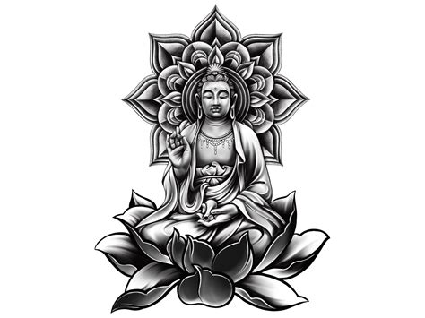 a buddha sitting on top of a lotus flower in front of a black and white ...