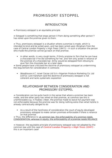 Promissory Estoppel Introduction and Relationship with Consideration - Studocu