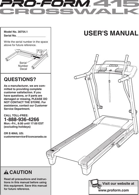 Proform 307541 415 Crosswalk Treadmill Users Manual *294060 204705