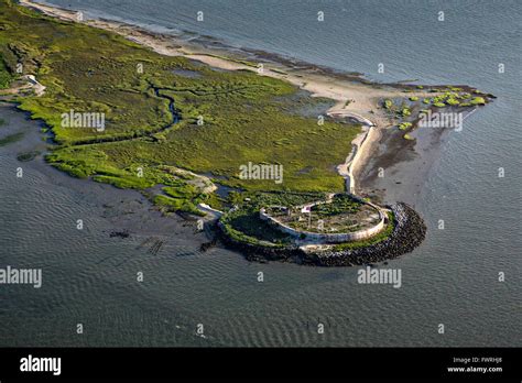 Aerial view of Castle Pinckney on Shutes Folly Island in the harbor of Charleston, South ...