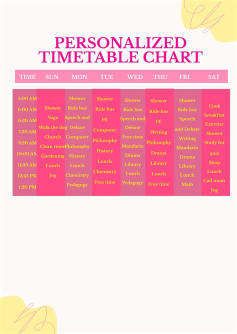 Printable Timetable Chart Template in PSD - Download | Template.net