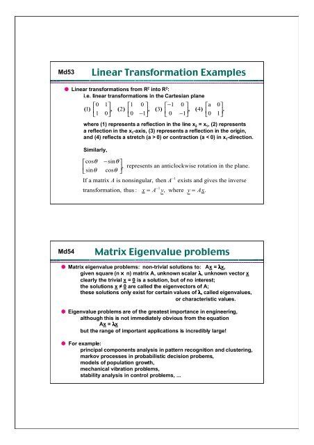 Linear Transformation Examples Matrix Eigenvalue problems