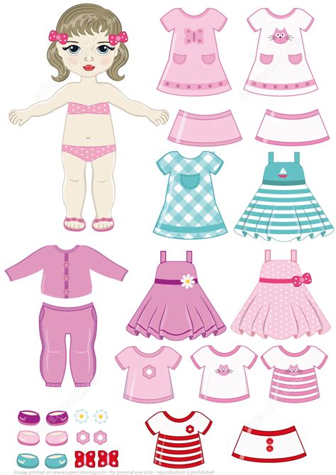 Brunette Girl Paper Doll with Clothing Set | Free Printable Papercraft Templates