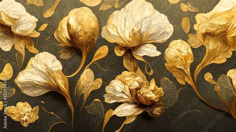 Golden floral background, gold flowers, 4k abstract vintage flower design, mural art, gold ...