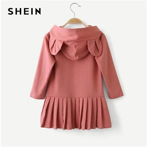 SHEIN Kiddie Pink Solid Cute Rabbit Sweat Pleated Kids Dresses For ...