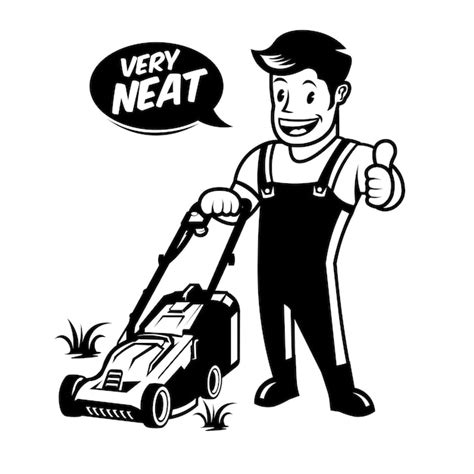 Premium Vector | Lawn mover worker vector illustration in retro style perfect for lawn care ...