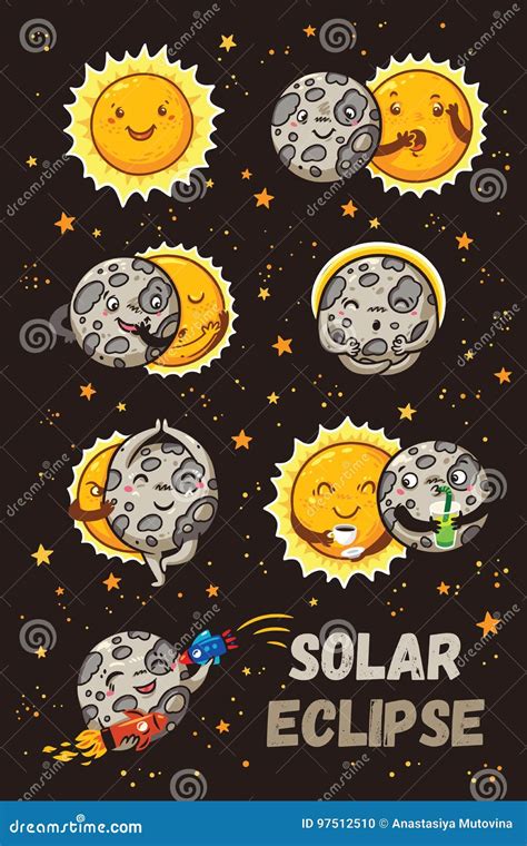 Cute Moon Practice of Yoga. Solar Eclipse in Phases Stock Vector ...