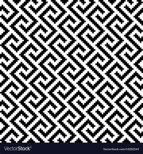 Black and white meander pixel art seamless pattern